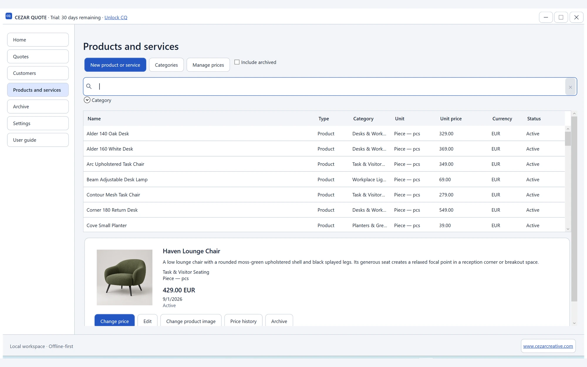 Products and services — CEZAR QUOTE