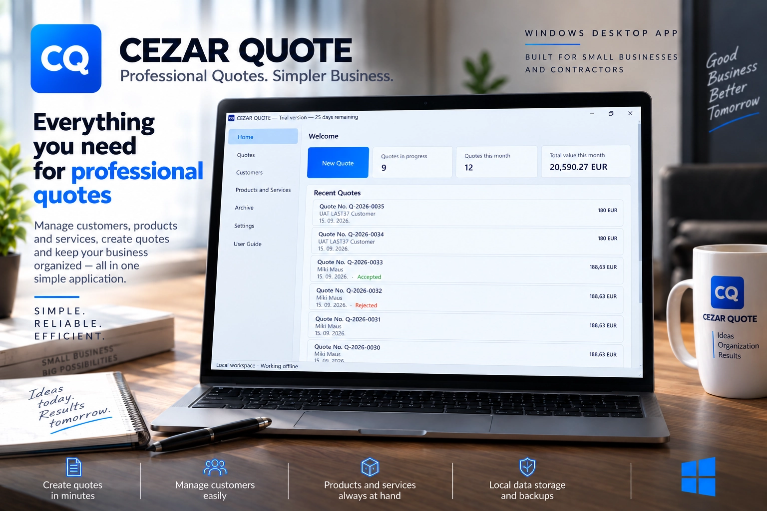 CEZAR QUOTE promotional image on a Windows laptop, showing the dashboard, customers, products and services, and recent quotes with their statuses.